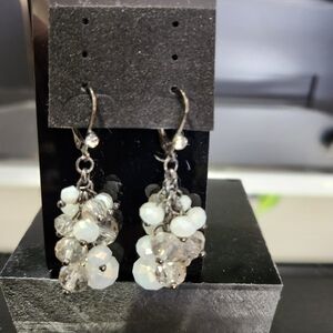 Elegant Silver and White Cluster Claw Clasp  Earrings 1 1/2" Drop